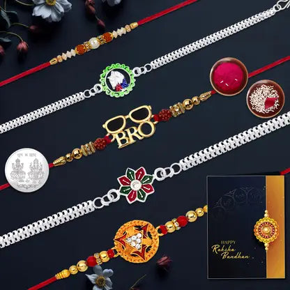 Premium Rakhi Set Of 5 For Brother  Stylish Combo With Silver Plated Coin Roli Chawal  Greeting Card