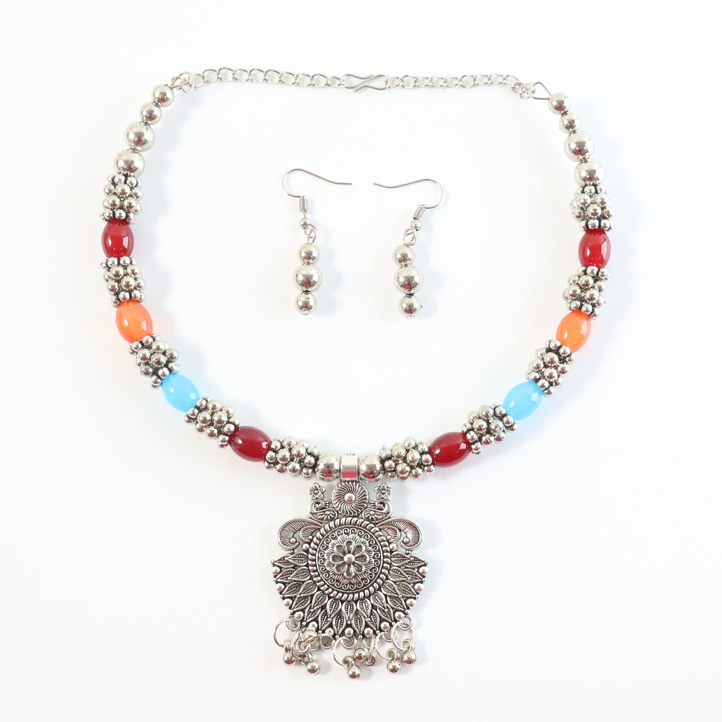 Oxidised Silver Traditional Beaded Necklace Set