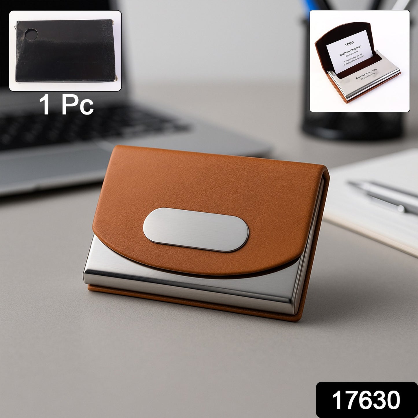 Leather  Stainless-steel Business Card Holder (1 Pc)