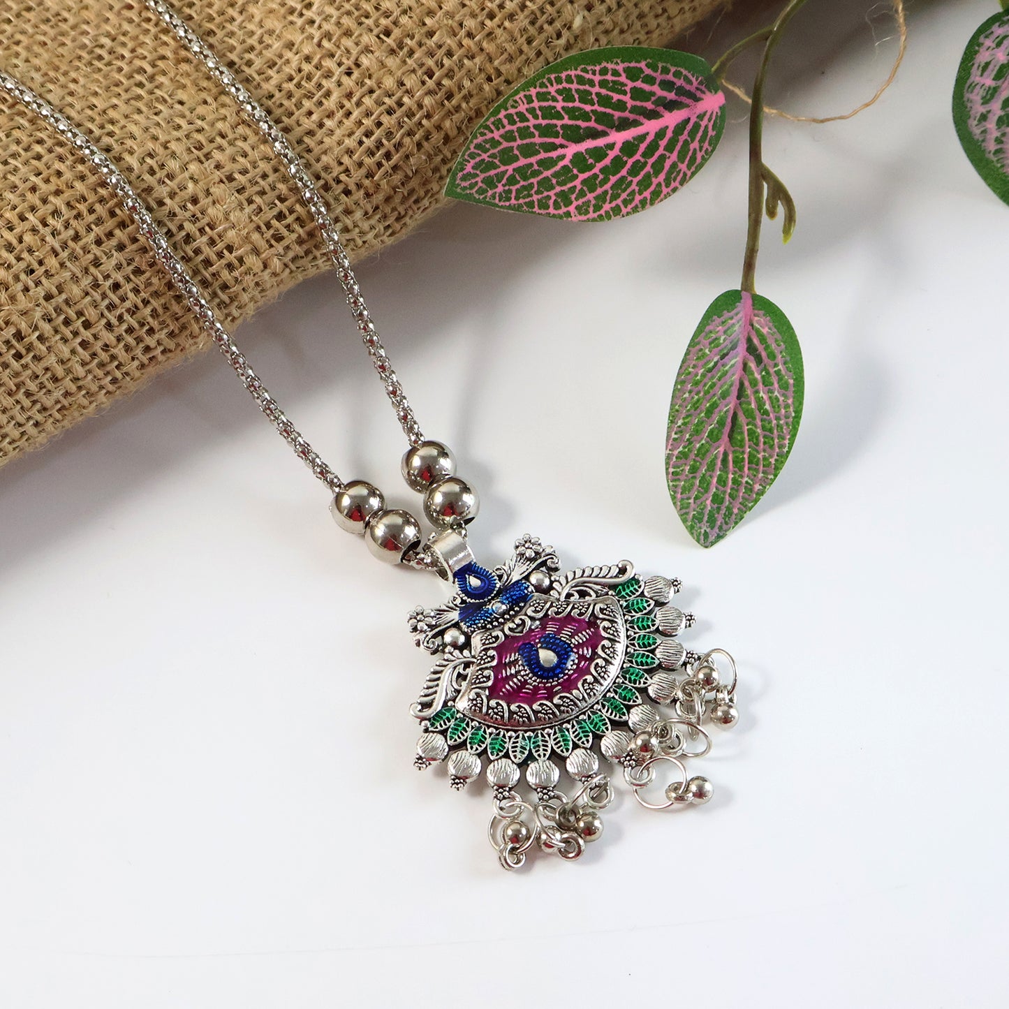 Elegant Traditional Oxidised Temple Motif Long Necklace (1 Pc)