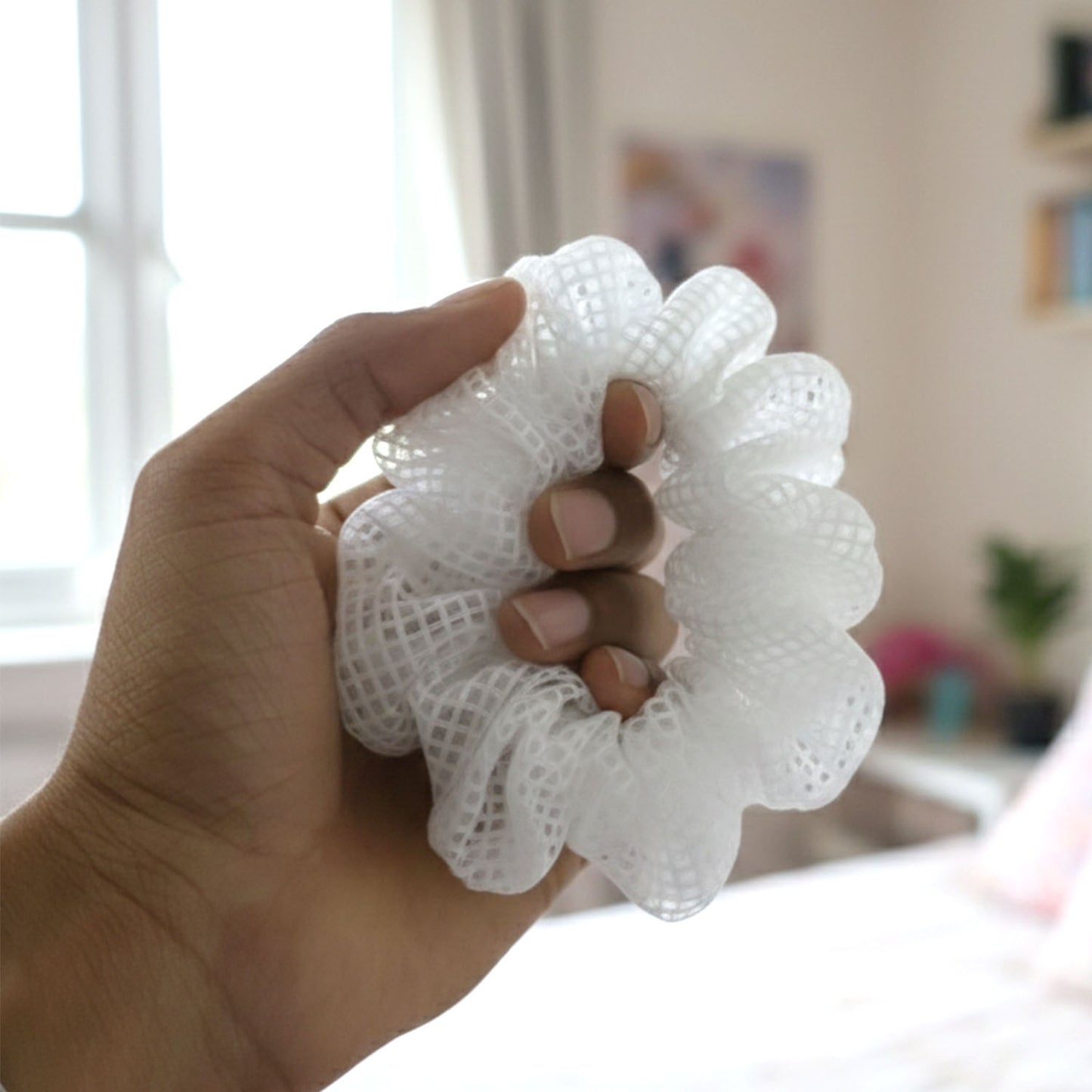 Elegant White Mesh Fabric Hair Scrunchie (1 Pc)