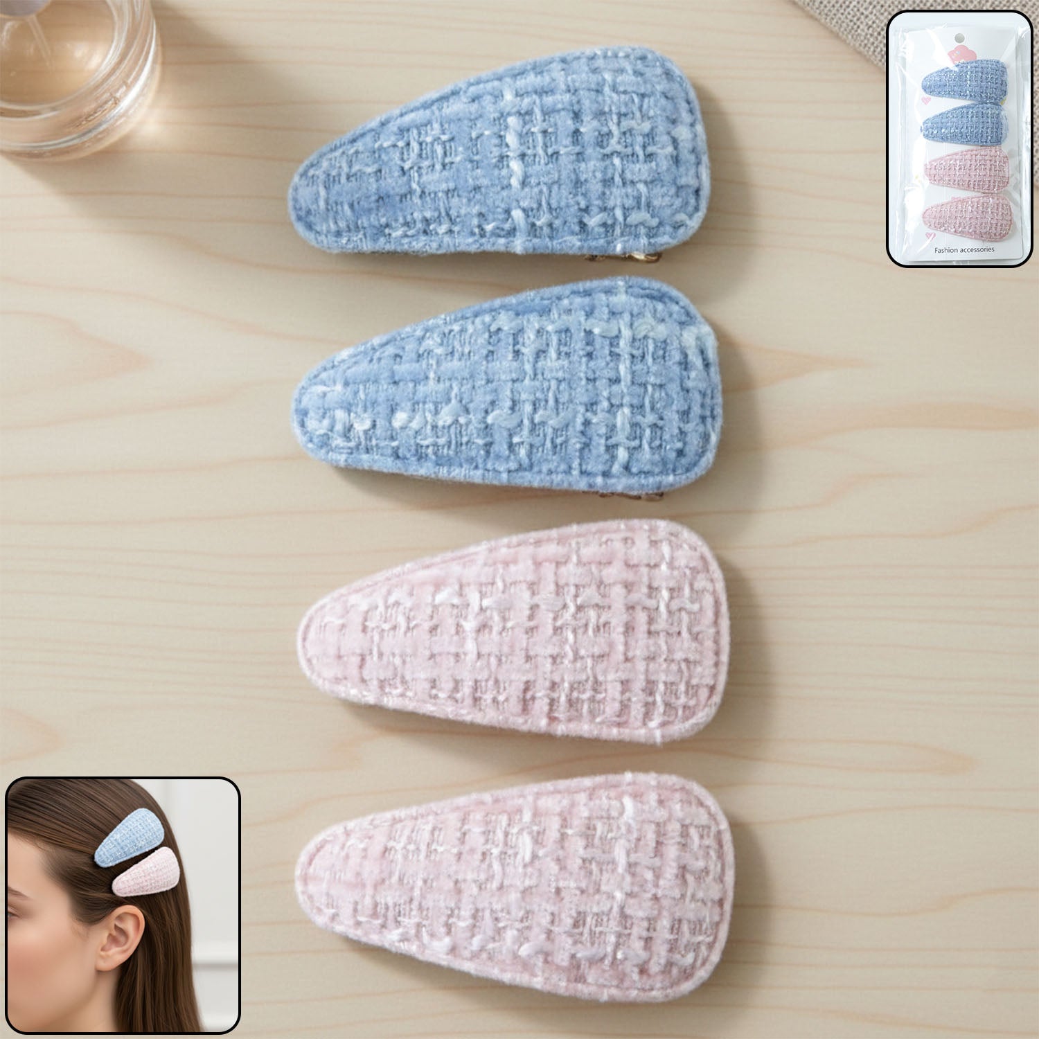 Textured Fabric Snap Hair Clips Set (4 Pc)