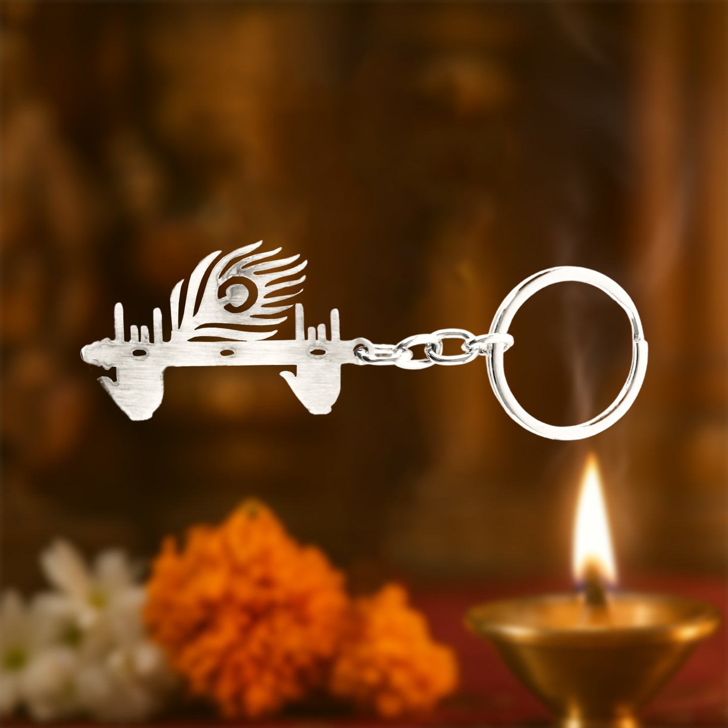 Krishna Flute  Peacock Feather Metal Keychain - (1 Pc)