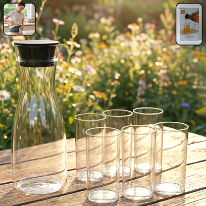 Prexo Plastic Water Jug And Drinking Glass Set (1 Jug 1000ml 6 Glasses 300ml)