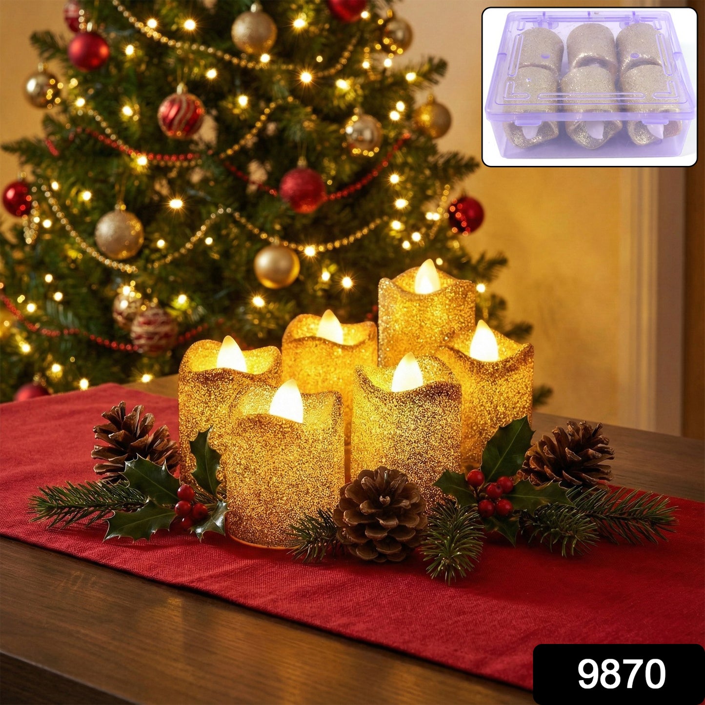 Christmas Premium Glitter Led Tealight Candles (6 Pc Set)