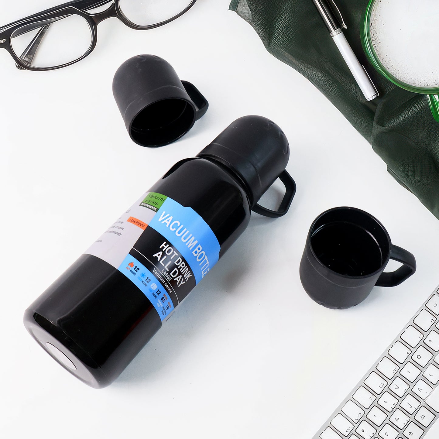 Black Vacuum Flask Set  Stainless Steel Thermos With 3 Cups Approx 500ml