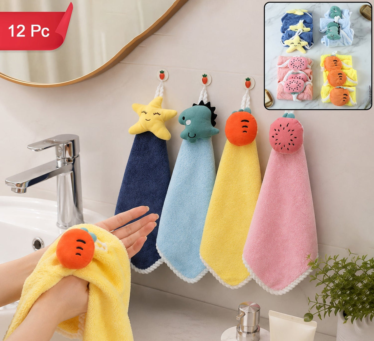 Soft Fruit Print Hanging Hand Towel Set For Kitchen Bathroom And Home Use (12 Pc)