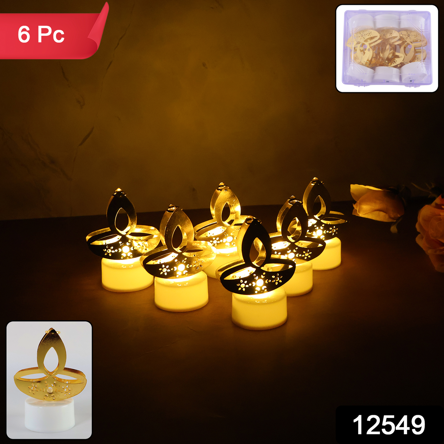 Golden Diya Shaped Led Tealight Candles (6 Pc)