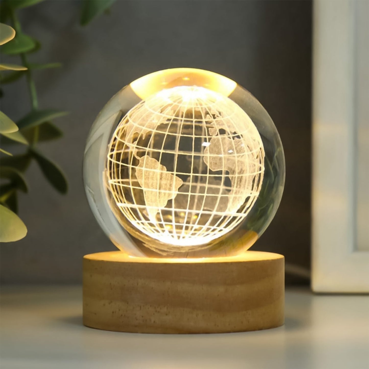 World 3d Crystal Ball Lamps With Wood Base (1 Pc)