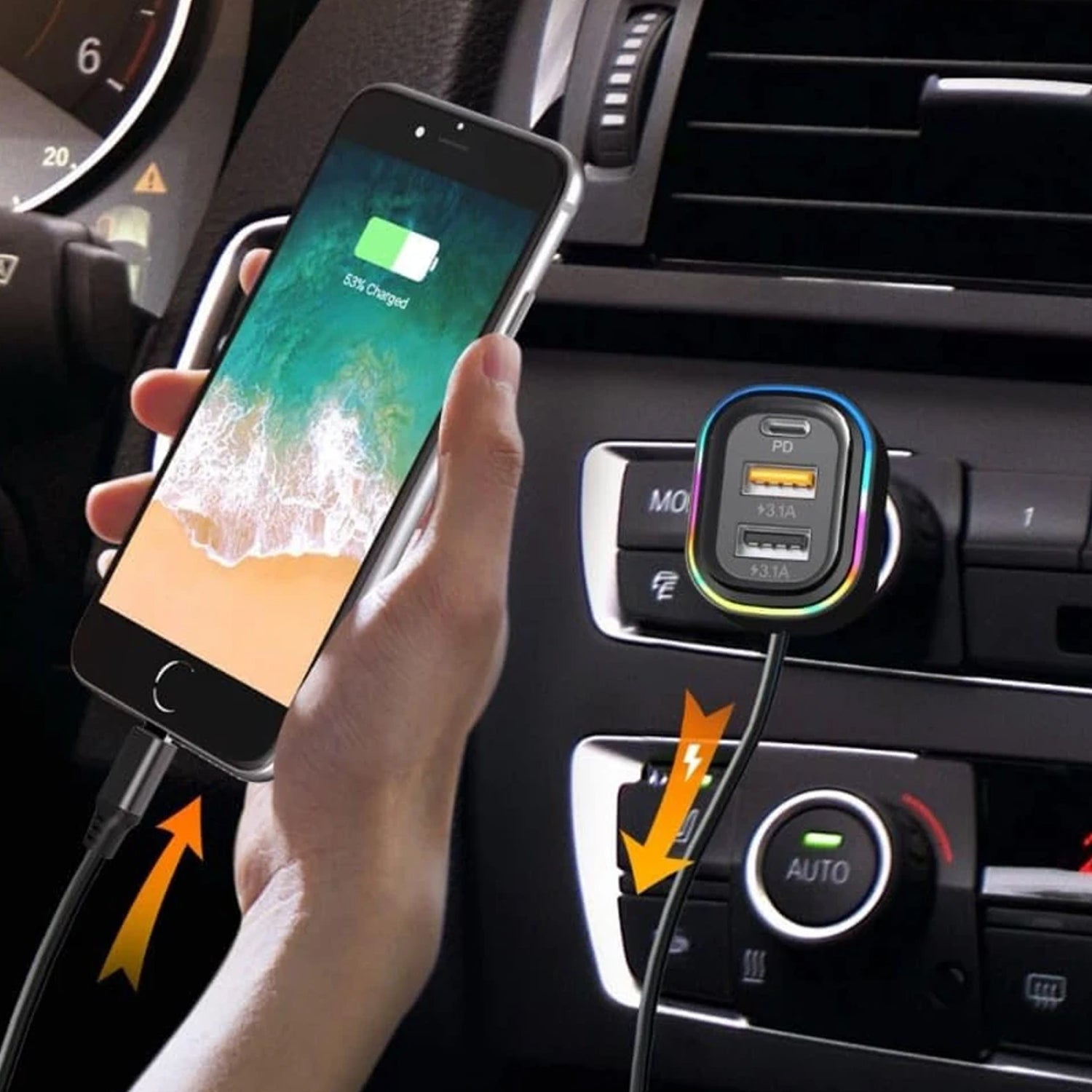 Rgb Breathing Light Multi Port Car Usb Charger (1 Set 62 Cm)