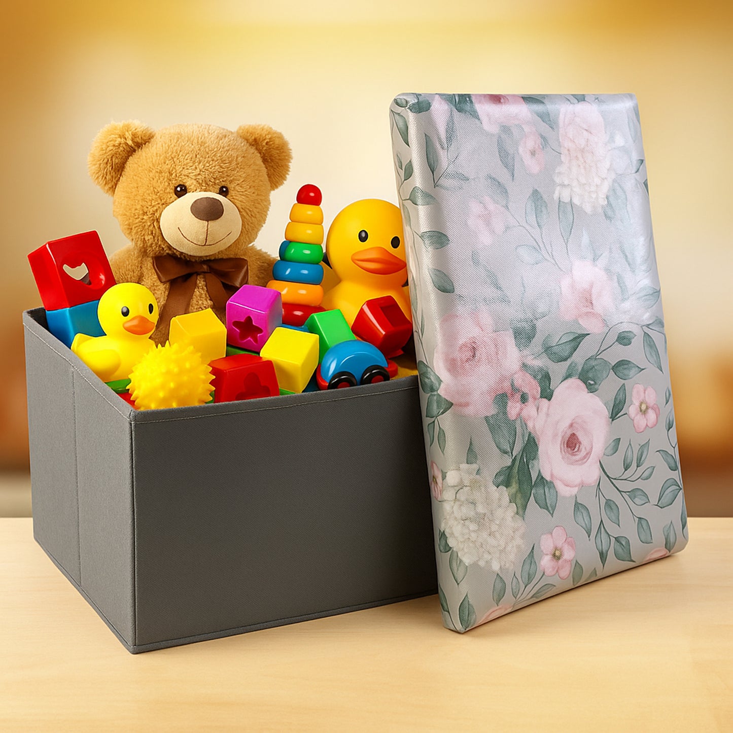 Premium Foldable Storage Box With Floral Lid (1 Pc)