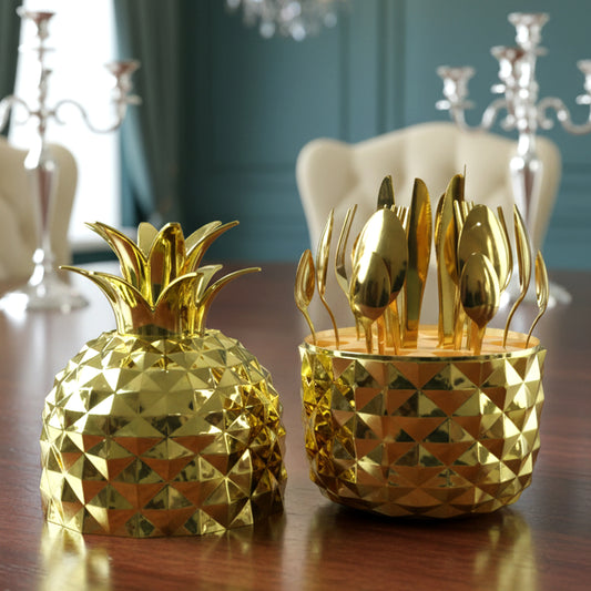 Stainless Steel Golden Cutlery Set With Pineapple Storage Stand (24 Pc Set)