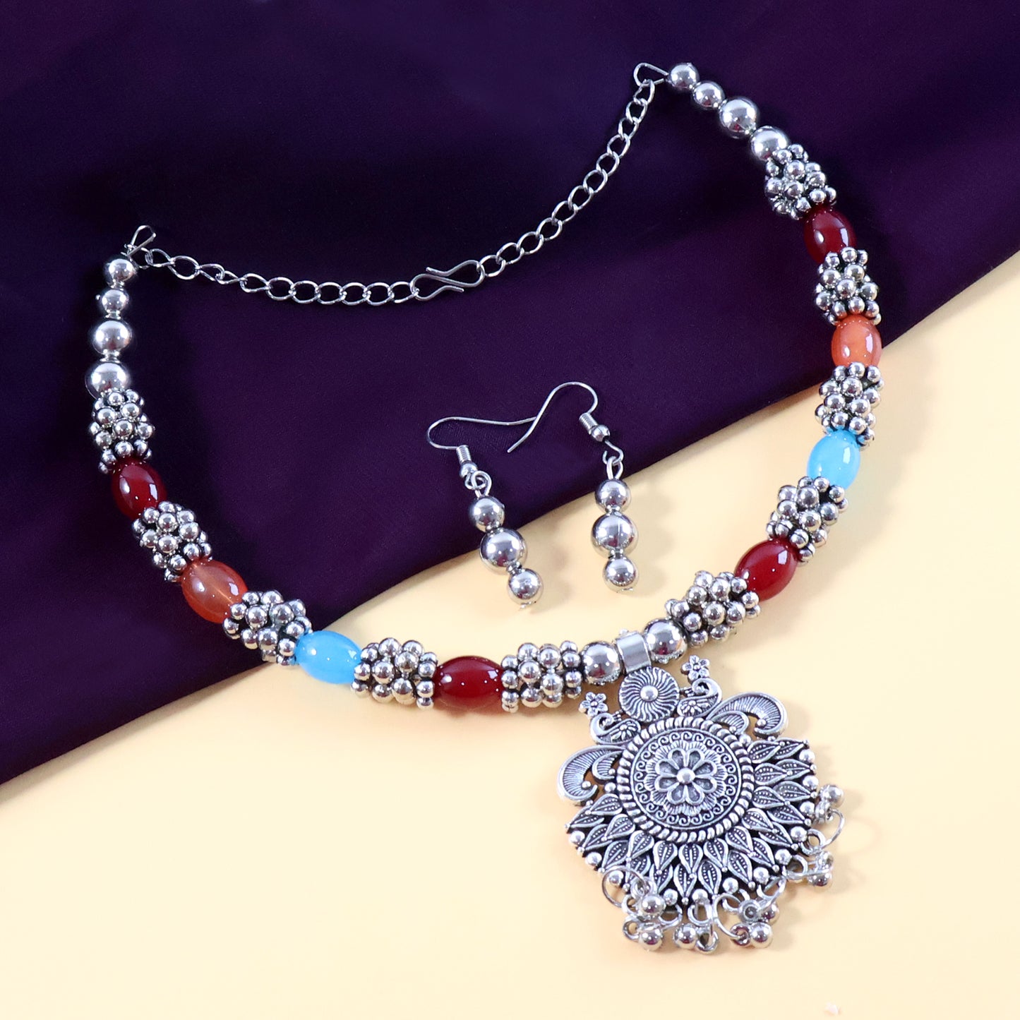 Oxidised Silver Traditional Beaded Necklace Set